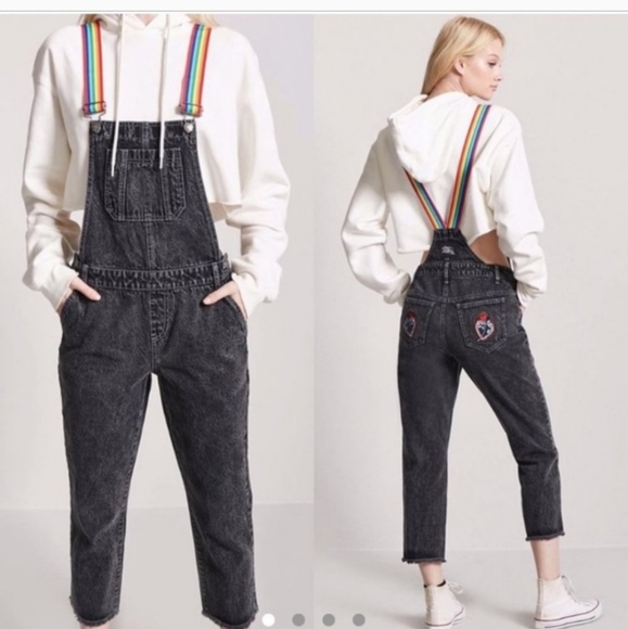 Lazer Kitten x Forever 21 Distressed Rainbow Overall Jeans - Picture 1 of 16